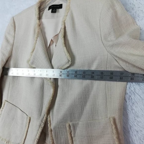 Ann Taylor Womens Jacket Solid Beige Waist Length Open Front Fringe Trim XS - Picture 6 of 9